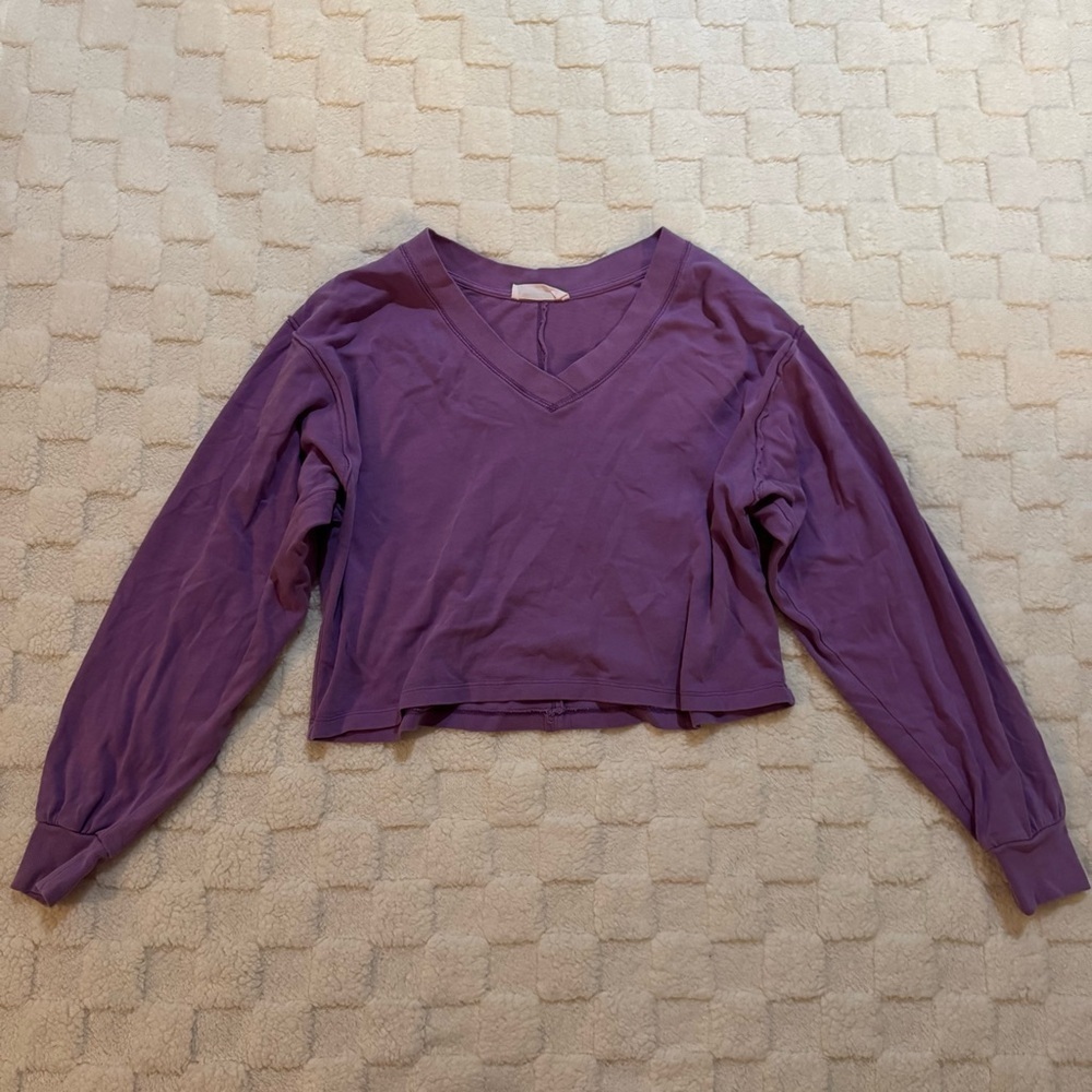 Double Zero Purple Long Sleeve V-Neck Cropped Length Top, 100% Cotton, Medium